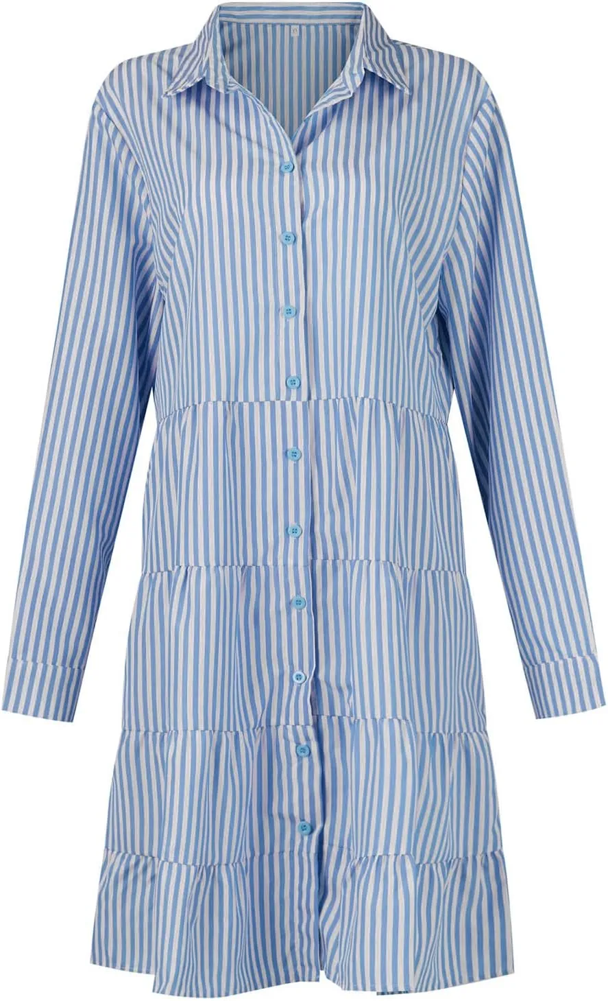 Button Down Dress for Women Summer Casual Striped Long Sleeve V Neck Lapel Dresses Loose Ruched Party Midi Dress 2025