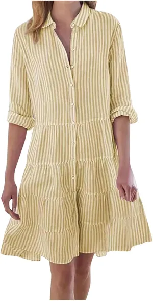 Button Down Dress for Women Summer Casual Striped Long Sleeve V Neck Lapel Dresses Loose Ruched Party Midi Dress 2025