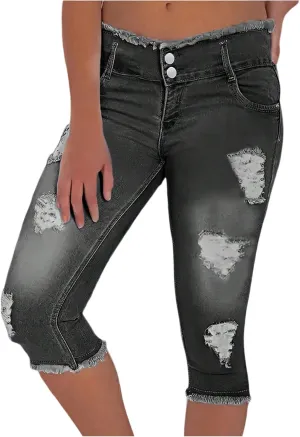 Capri Jeans for Women Stretch Low Rise Ripped Jeans Butt Lifting Wash Raw Hem Distressed Denim Capris with Pockets