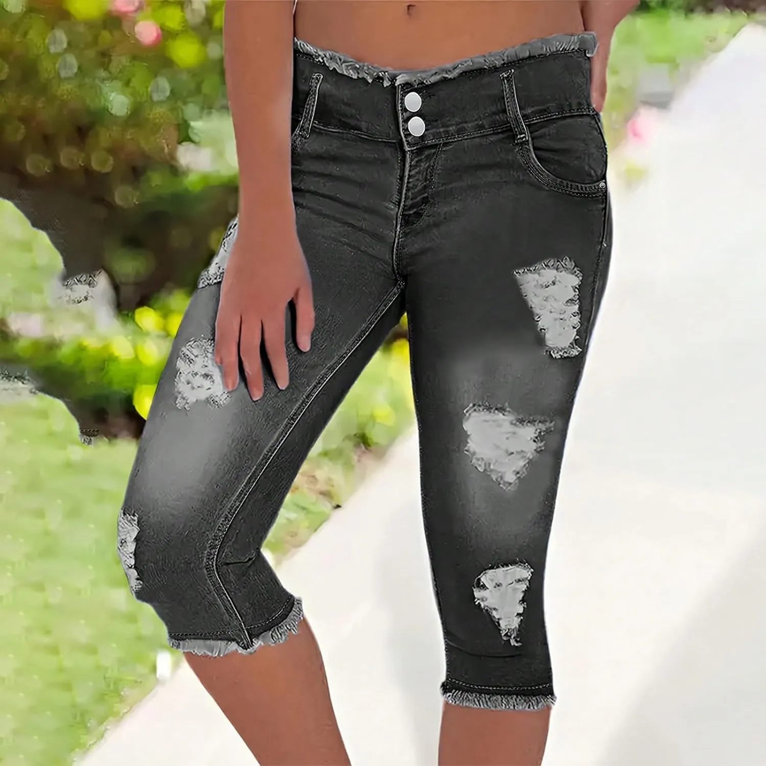 Capri Jeans for Women Stretch Low Rise Ripped Jeans Butt Lifting Wash Raw Hem Distressed Denim Capris with Pockets
