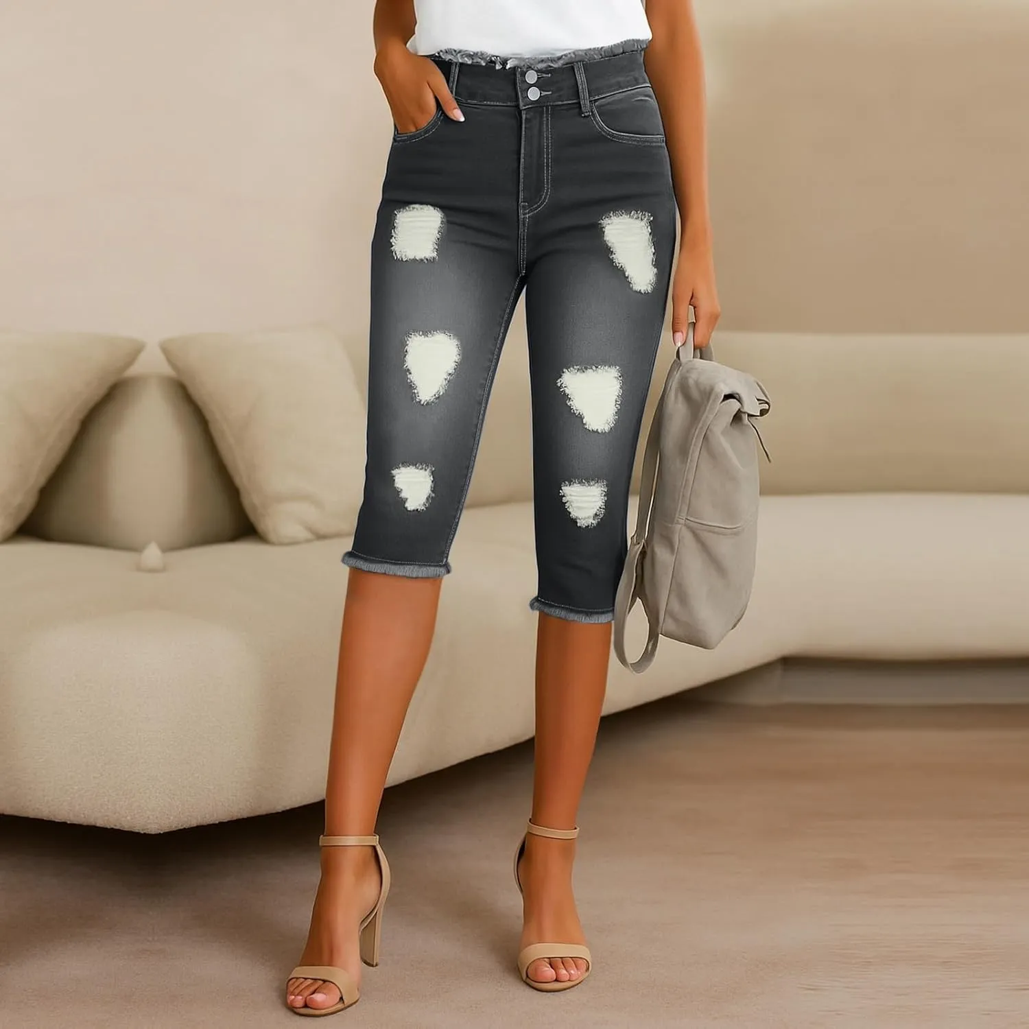 Capri Jeans for Women Stretch Low Rise Ripped Jeans Butt Lifting Wash Raw Hem Distressed Denim Capris with Pockets