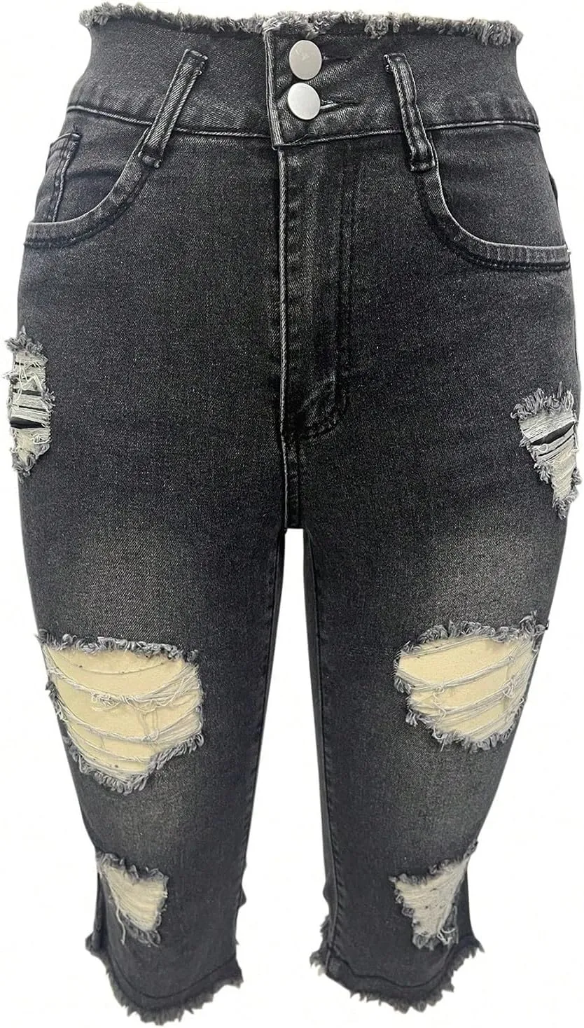 Capri Jeans for Women Stretch Low Rise Ripped Jeans Butt Lifting Wash Raw Hem Distressed Denim Capris with Pockets