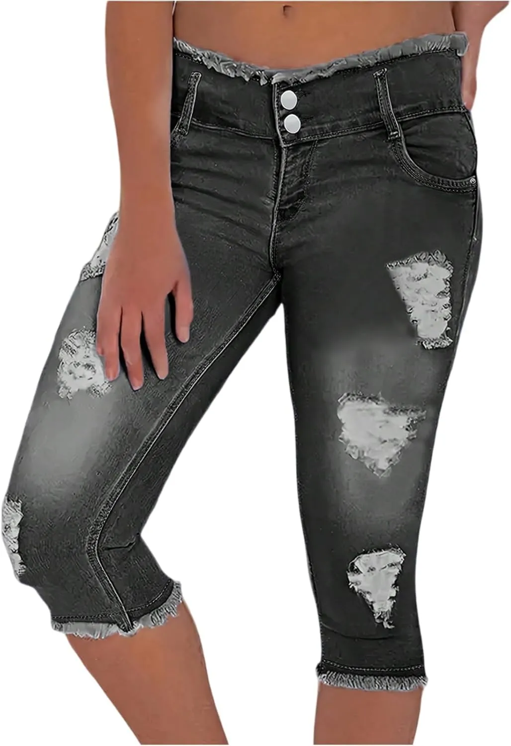 Capri Jeans for Women Stretch Low Rise Ripped Jeans Butt Lifting Wash Raw Hem Distressed Denim Capris with Pockets
