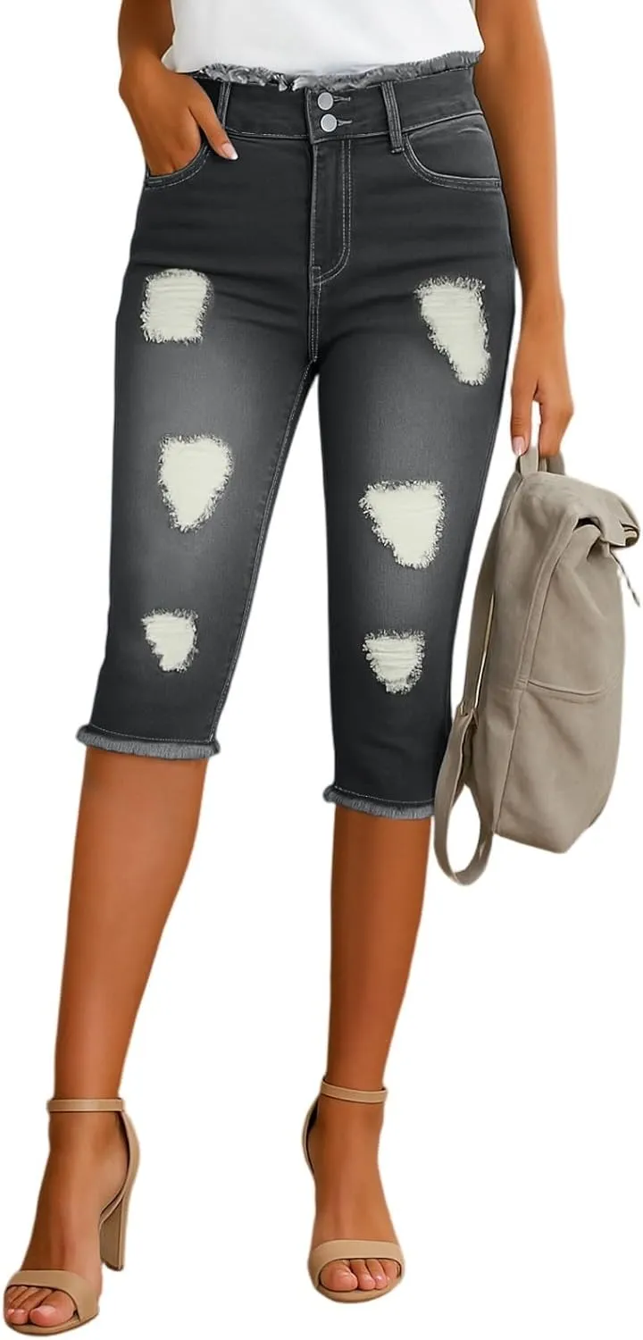 Capri Jeans for Women Stretch Low Rise Ripped Jeans Butt Lifting Wash Raw Hem Distressed Denim Capris with Pockets
