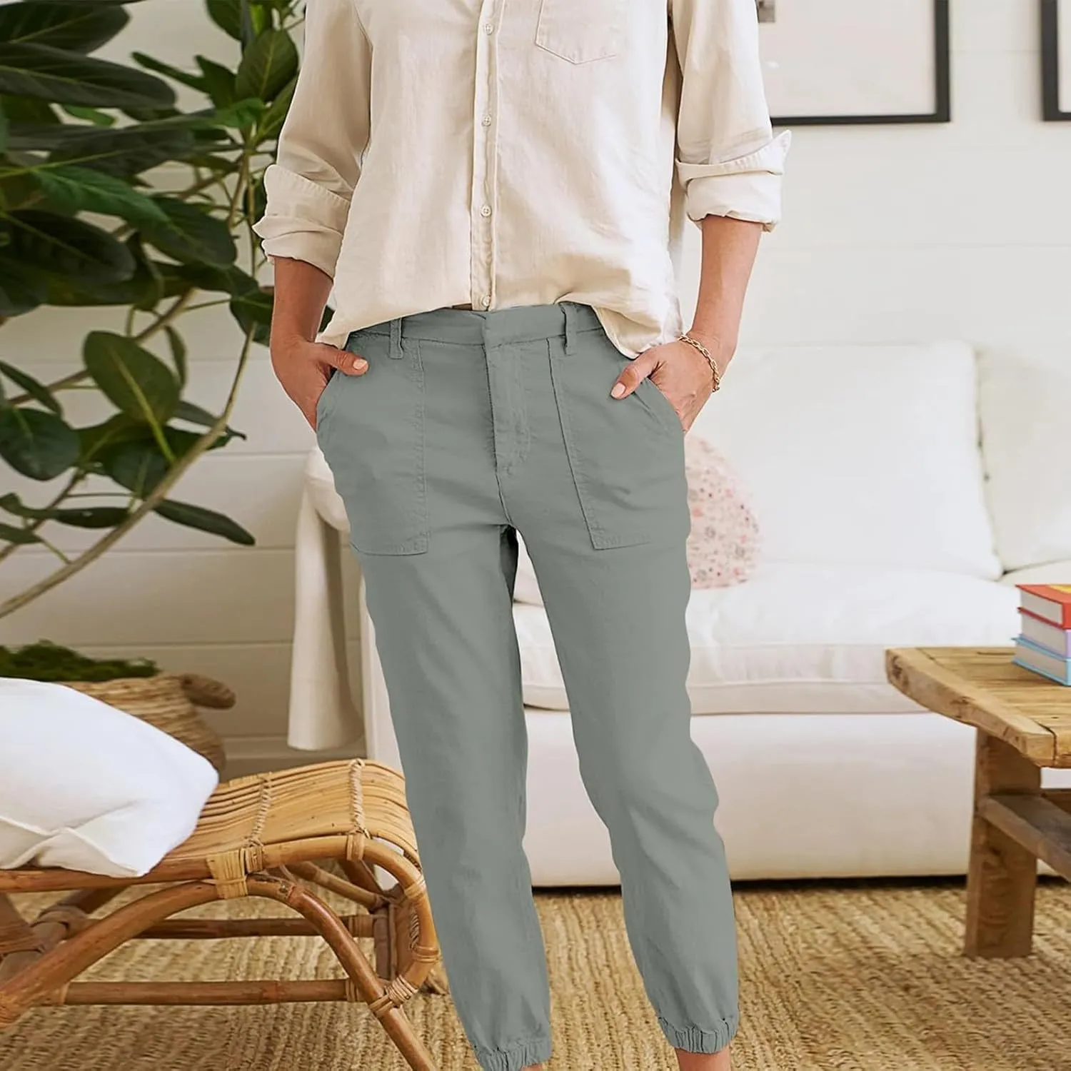 Capri Pants for Women Summer Trendy Casual Elastic Waist Cropped Trousers Casual Drawstring Straight Leg Lounge Pants