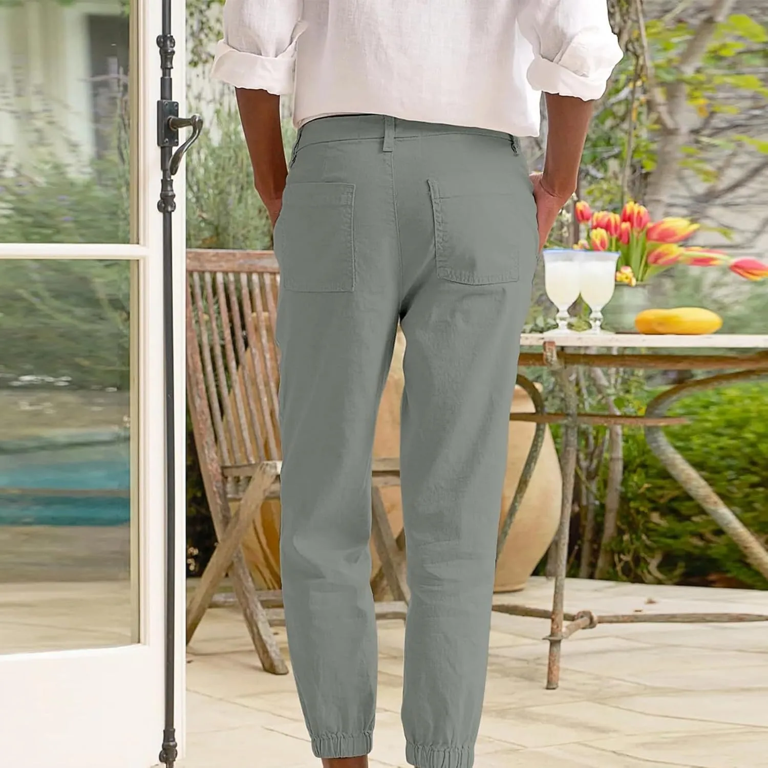 Capri Pants for Women Summer Trendy Casual Elastic Waist Cropped Trousers Casual Drawstring Straight Leg Lounge Pants