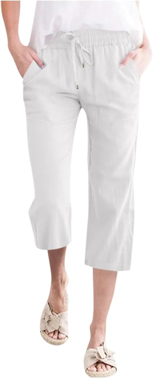Capris Pants for Women Casual Summer Linen Lounge Palazzo Drawstring High Waisted Wide Leg Cropped Trousers