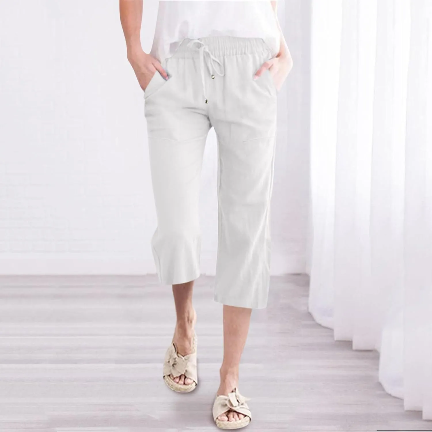 Capris Pants for Women Casual Summer Linen Lounge Palazzo Drawstring High Waisted Wide Leg Cropped Trousers