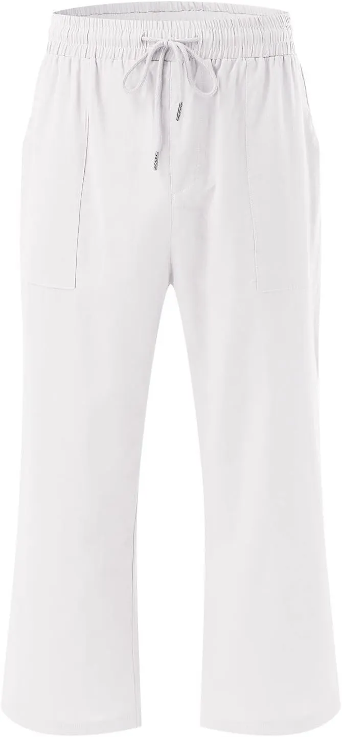Capris Pants for Women Casual Summer Linen Lounge Palazzo Drawstring High Waisted Wide Leg Cropped Trousers