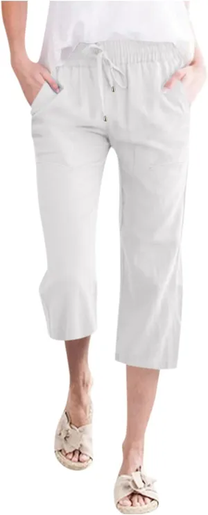Capris Pants for Women Casual Summer Linen Lounge Palazzo Drawstring High Waisted Wide Leg Cropped Trousers