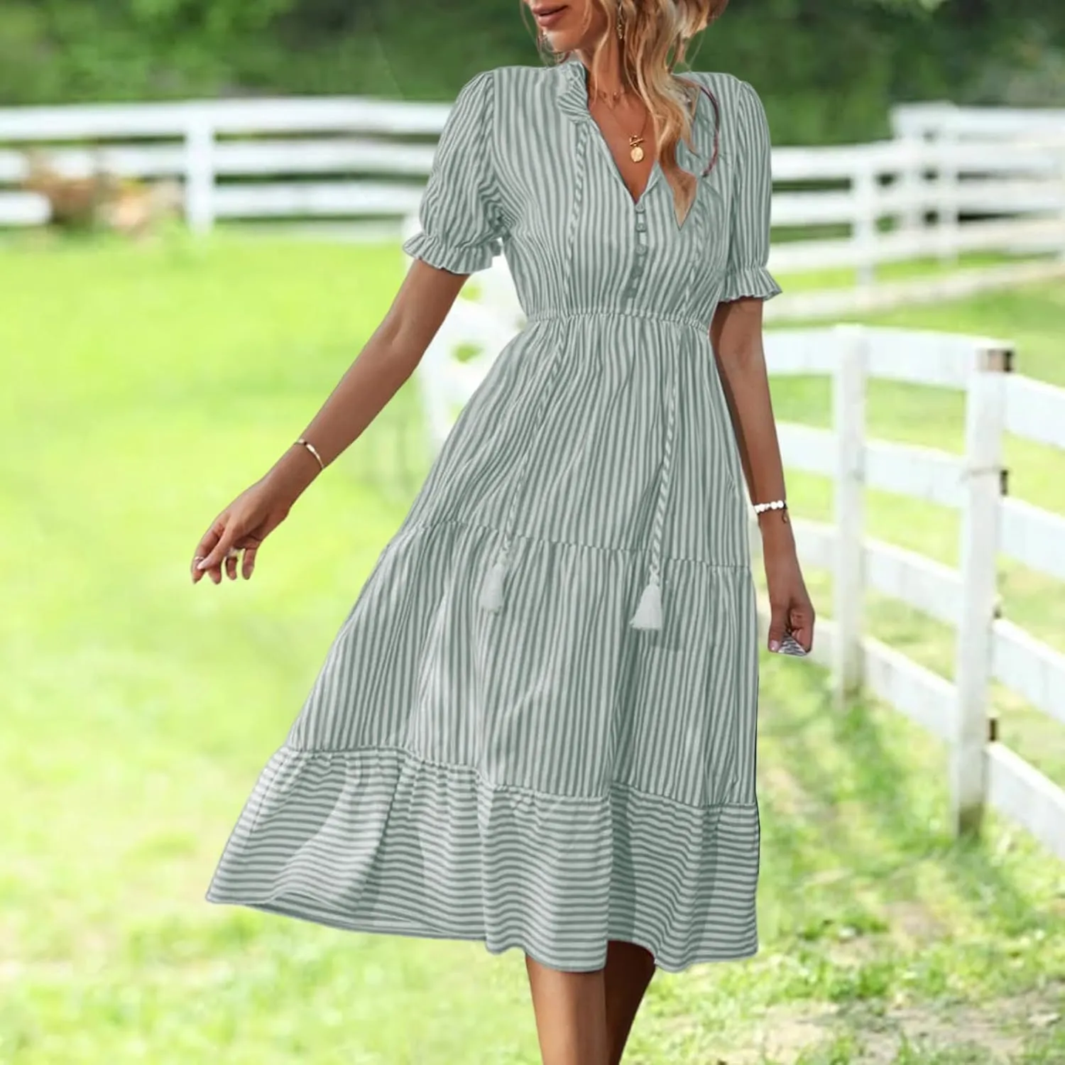Casual Dresses for Women Summer Striped Blouse Midi Dresses Ruffle Puff Short Sleeve Dress V Neck Elastic Waist Dress