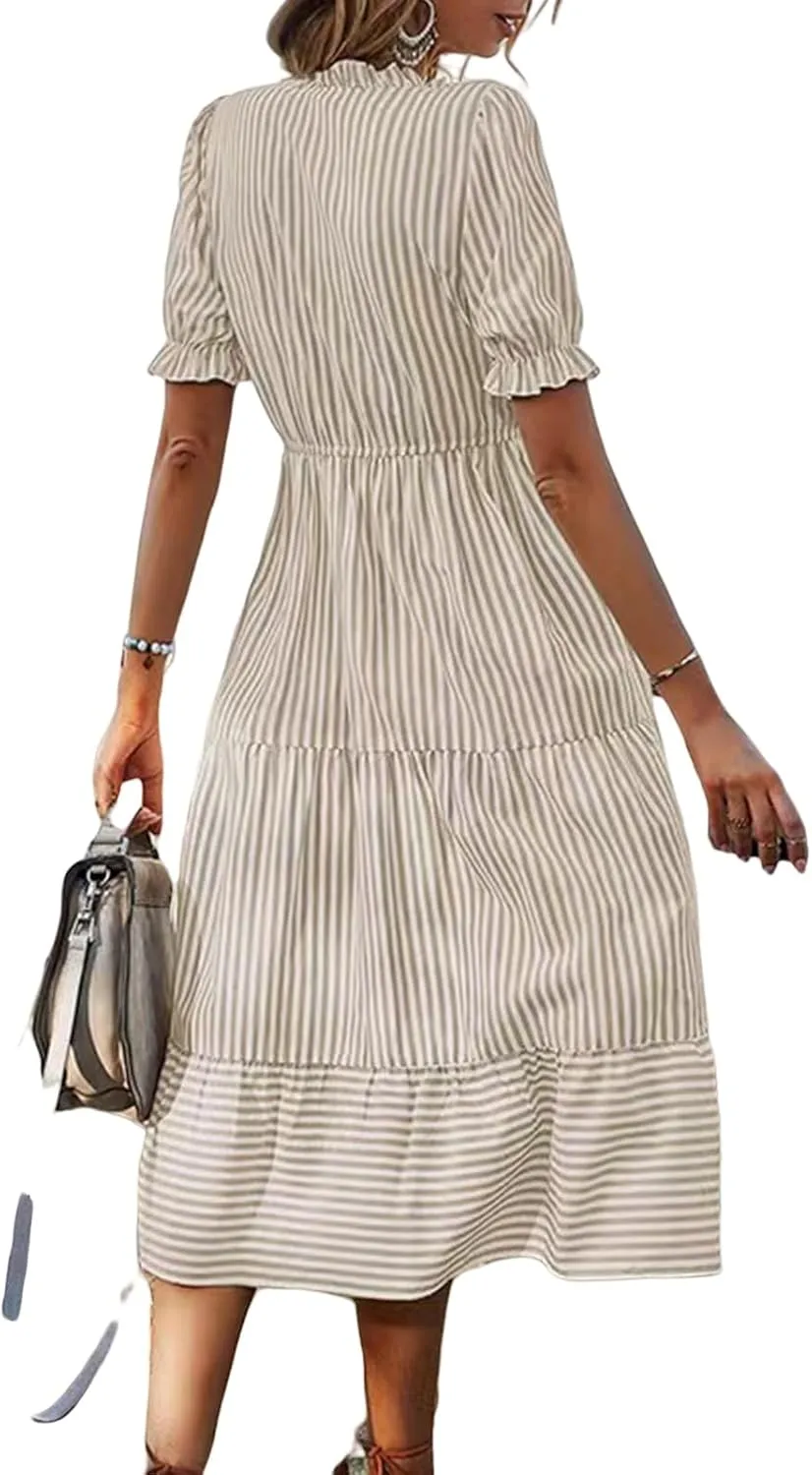 Casual Dresses for Women Summer Striped Blouse Midi Dresses Ruffle Puff Short Sleeve Dress V Neck Elastic Waist Dress