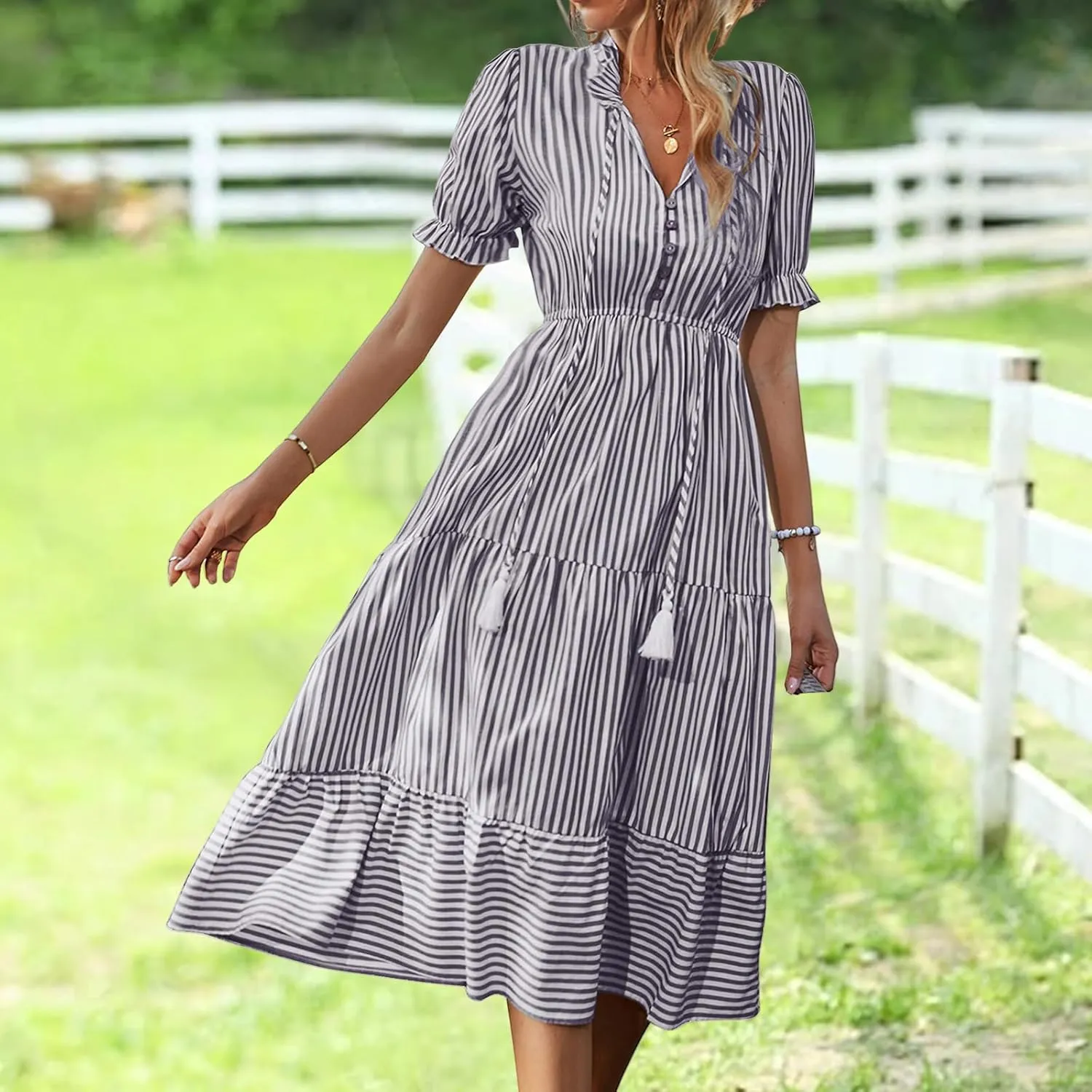 Casual Dresses for Women Summer Striped Blouse Midi Dresses Ruffle Puff Short Sleeve Dress V Neck Elastic Waist Dress