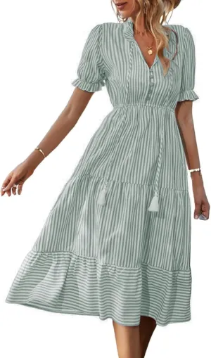 Casual Dresses for Women Summer Striped Blouse Midi Dresses Ruffle Puff Short Sleeve Dress V Neck Elastic Waist Dress