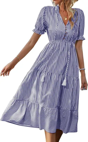 Casual Dresses for Women Summer Striped Blouse Midi Dresses Ruffle Puff Short Sleeve Dress V Neck Elastic Waist Dress