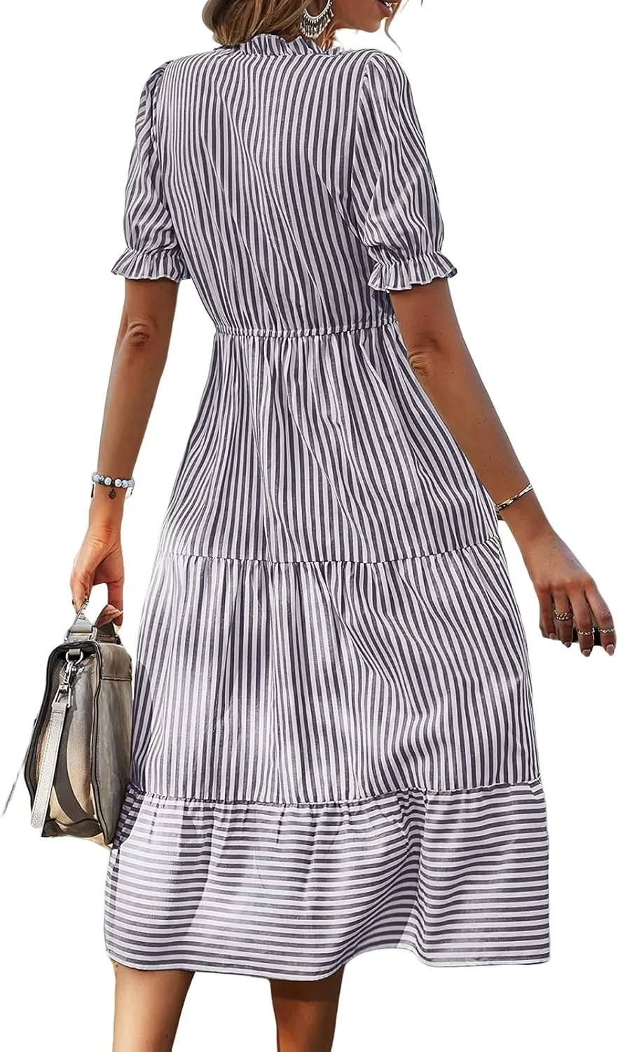 Casual Dresses for Women Summer Striped Blouse Midi Dresses Ruffle Puff Short Sleeve Dress V Neck Elastic Waist Dress
