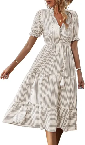 Casual Dresses for Women Summer Striped Blouse Midi Dresses Ruffle Puff Short Sleeve Dress V Neck Elastic Waist Dress