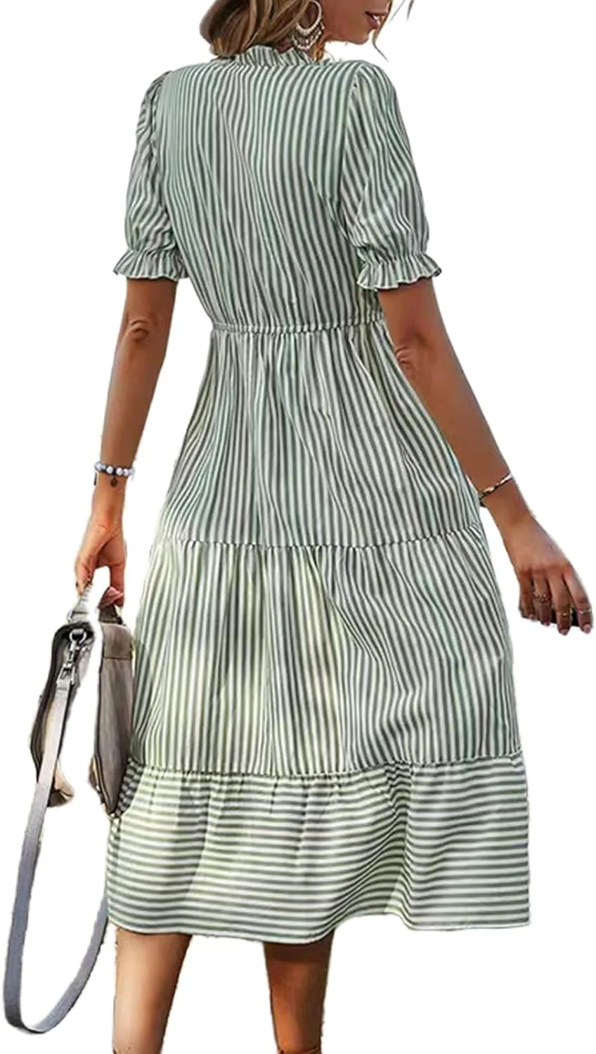 Casual Dresses for Women Summer Striped Blouse Midi Dresses Ruffle Puff Short Sleeve Dress V Neck Elastic Waist Dress