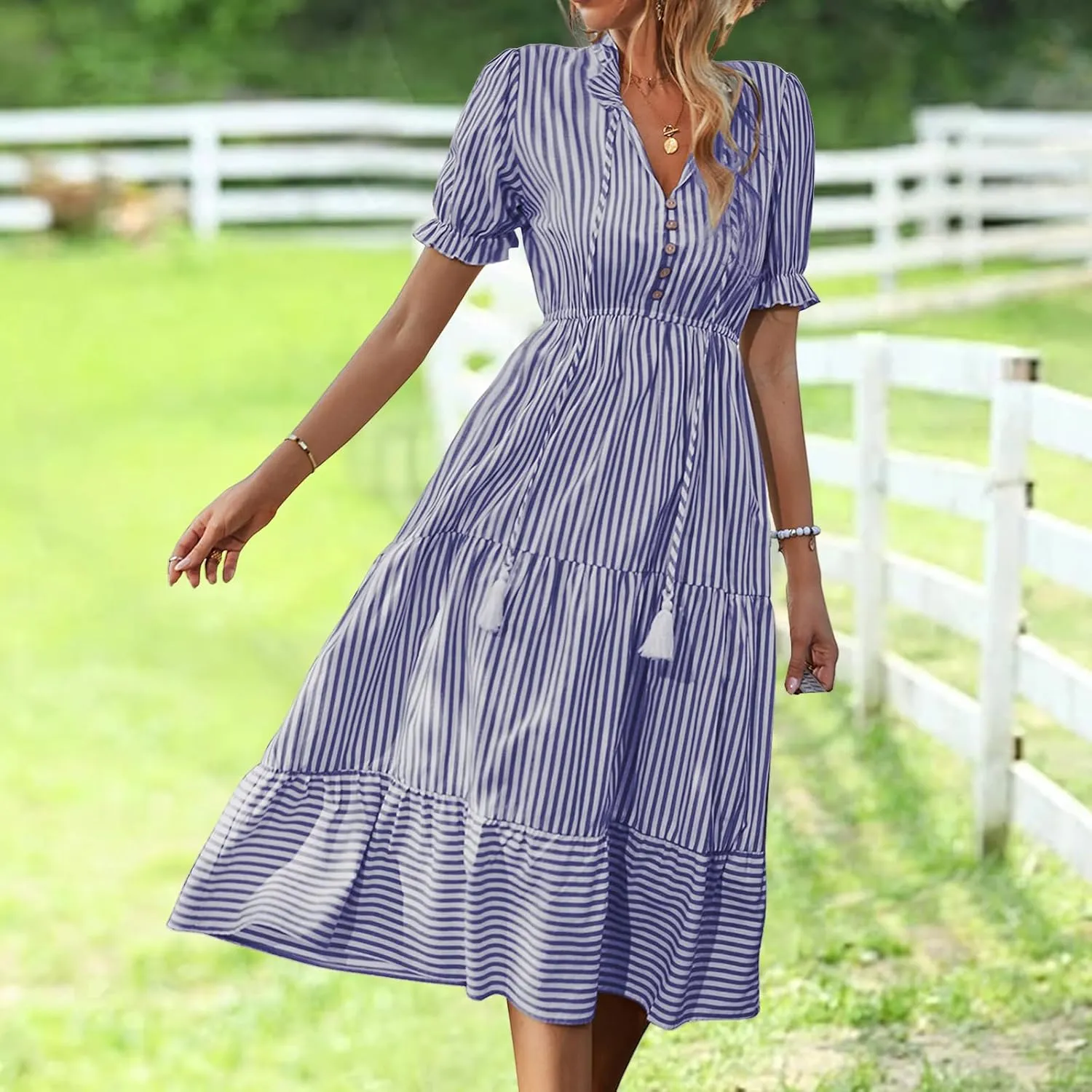 Casual Dresses for Women Summer Striped Blouse Midi Dresses Ruffle Puff Short Sleeve Dress V Neck Elastic Waist Dress