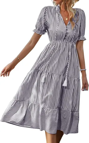 Casual Dresses for Women Summer Striped Blouse Midi Dresses Ruffle Puff Short Sleeve Dress V Neck Elastic Waist Dress