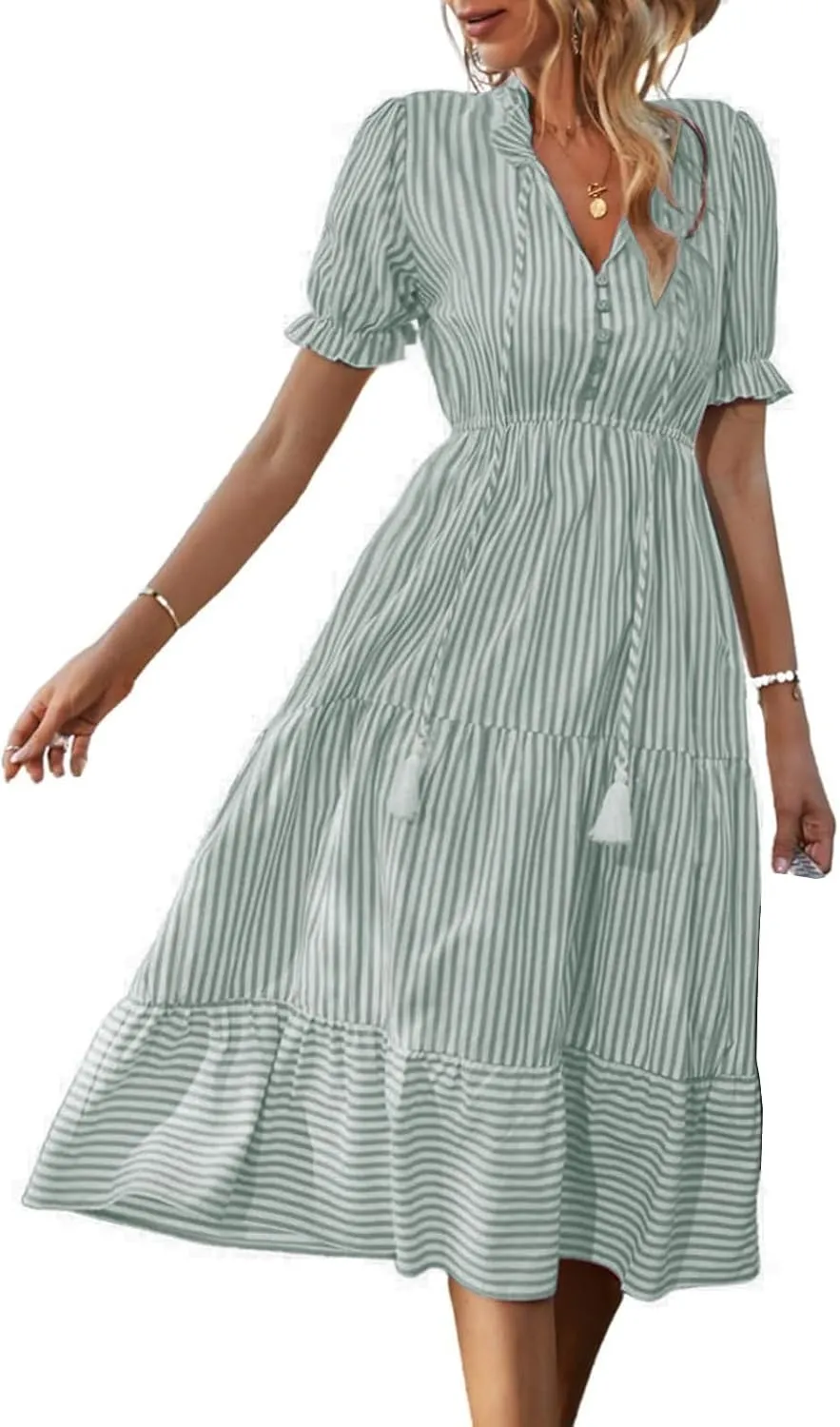 Casual Dresses for Women Summer Striped Blouse Midi Dresses Ruffle Puff Short Sleeve Dress V Neck Elastic Waist Dress