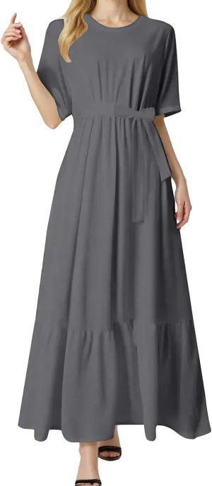 Casual Summer Dresses for Women 2025,Womens Solid Color Boat-Neck Elegant Dresses Boho Tie Belted Empire Waist Dress