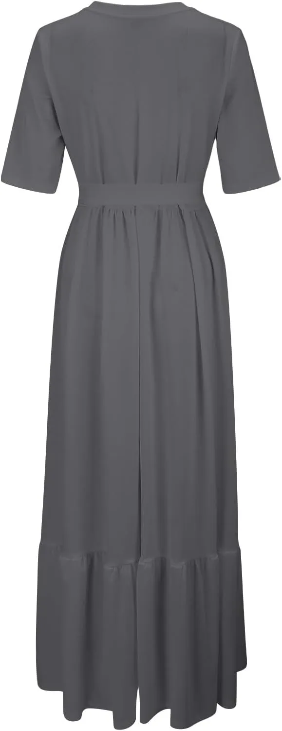 Casual Summer Dresses for Women 2025,Womens Solid Color Boat-Neck Elegant Dresses Boho Tie Belted Empire Waist Dress