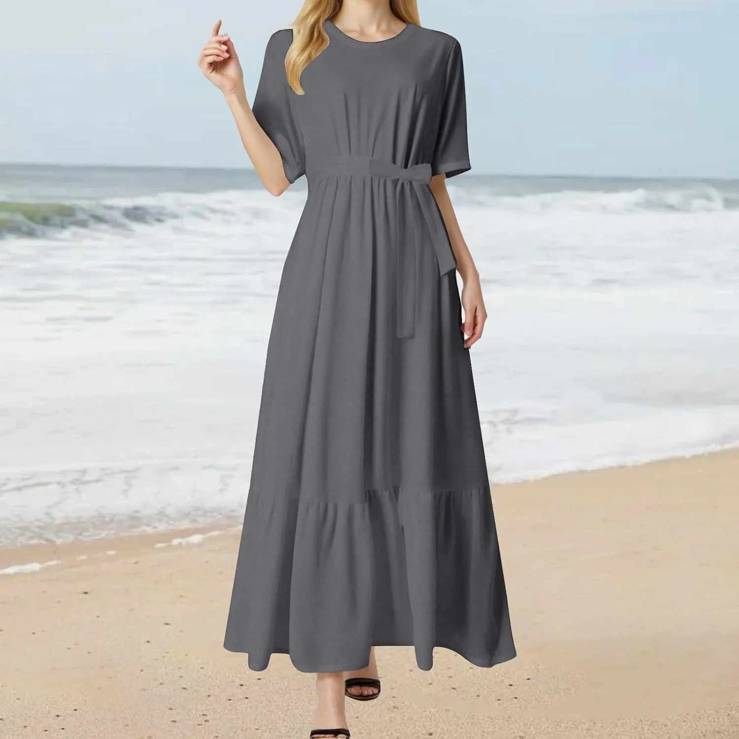 Casual Summer Dresses for Women 2025,Womens Solid Color Boat-Neck Elegant Dresses Boho Tie Belted Empire Waist Dress