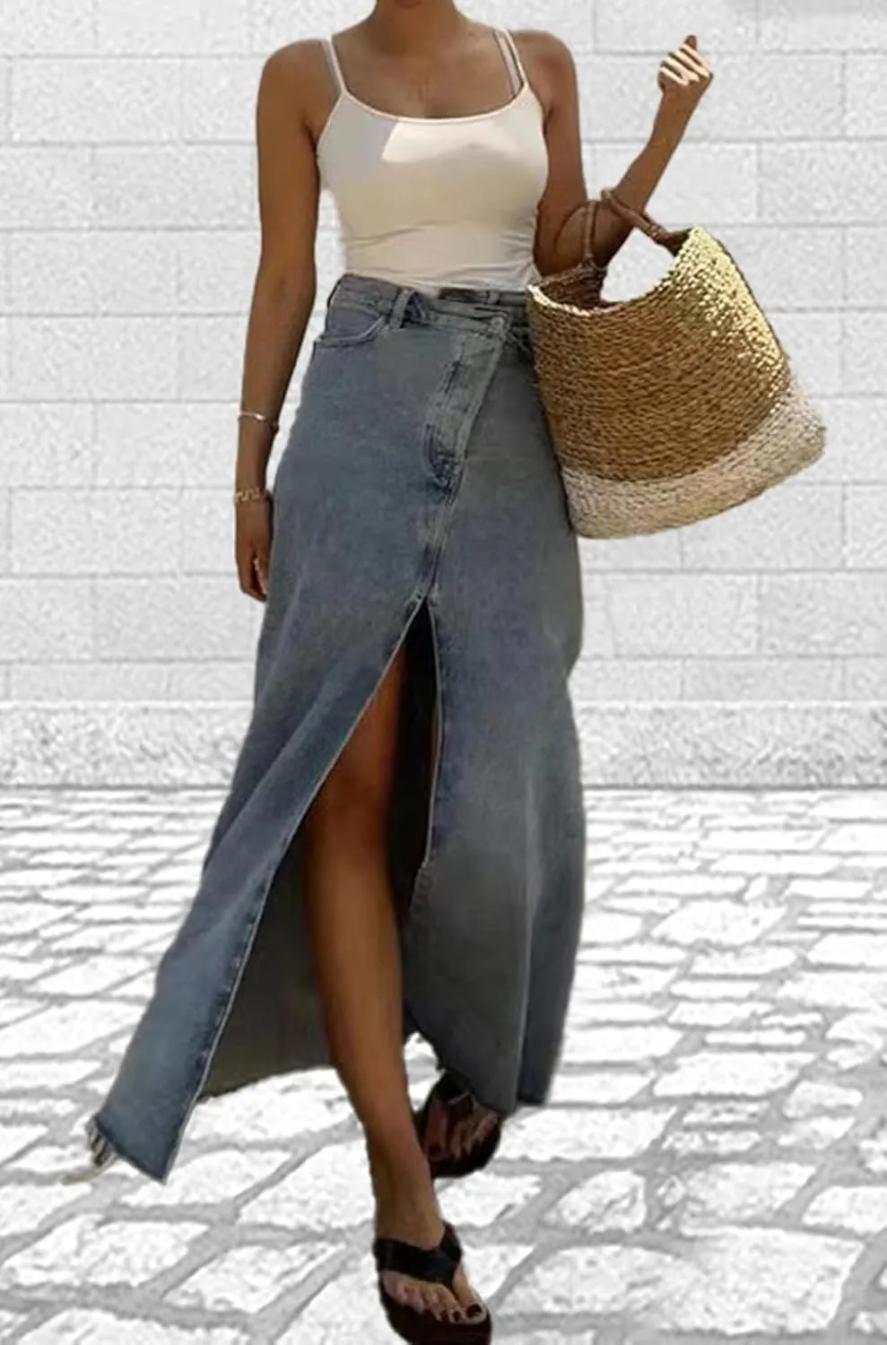 CHARTOU Women High Waisted Long Denim Skirt with Slit High Waisted Jean Skirt Button Up Stretch Denim Maxi Skirt