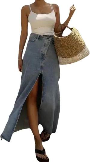 CHARTOU Women High Waisted Long Denim Skirt with Slit High Waisted Jean Skirt Button Up Stretch Denim Maxi Skirt