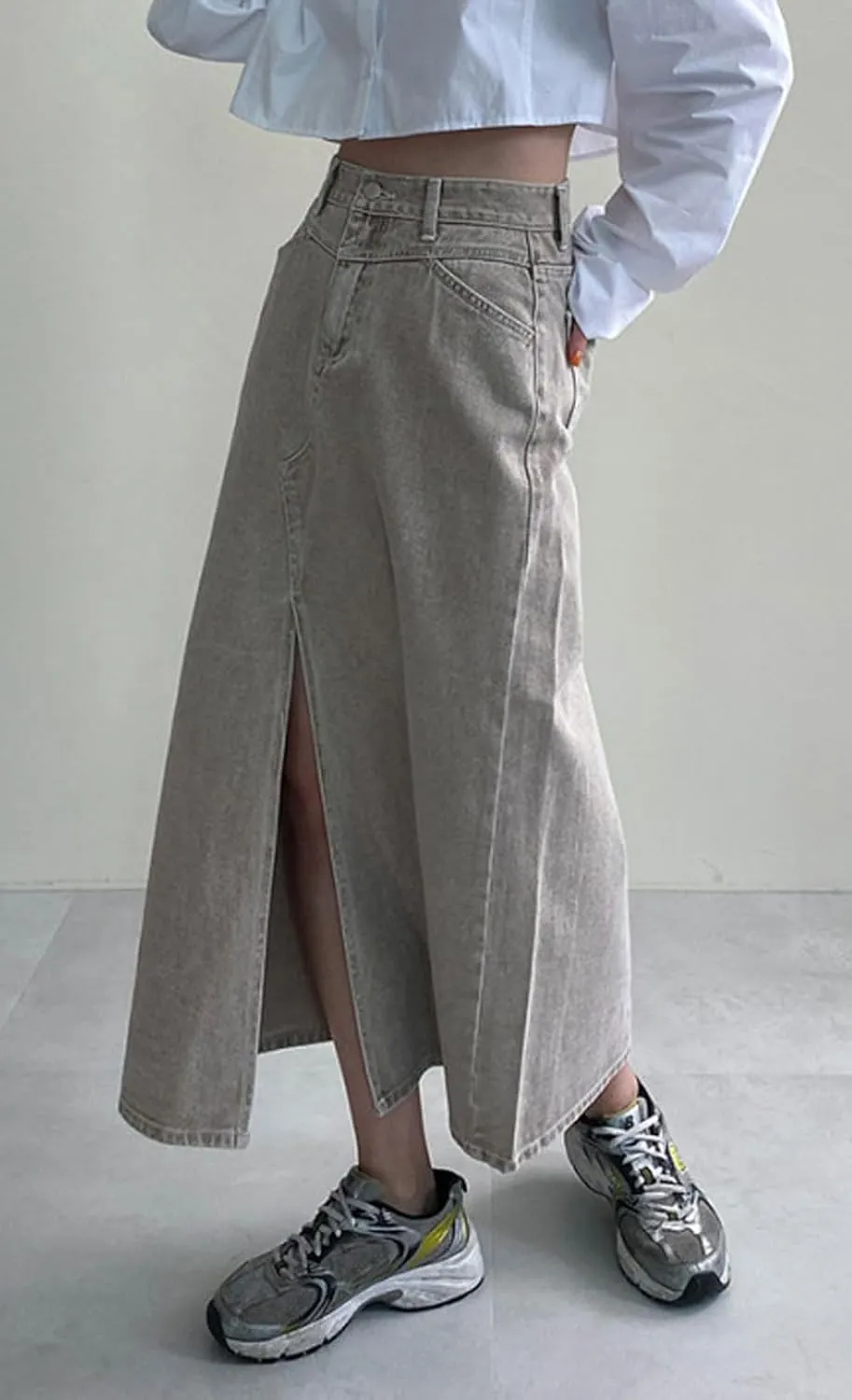CHARTOU Women Summer Casual Long Denim Skirt Slit A Line Midi Long Jean Skirt