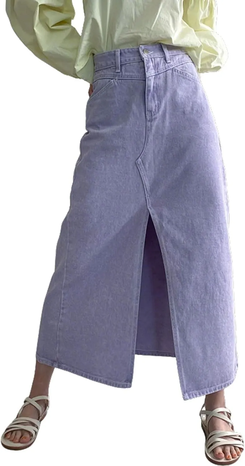 CHARTOU Women Summer Casual Long Denim Skirt Slit A Line Midi Long Jean Skirt