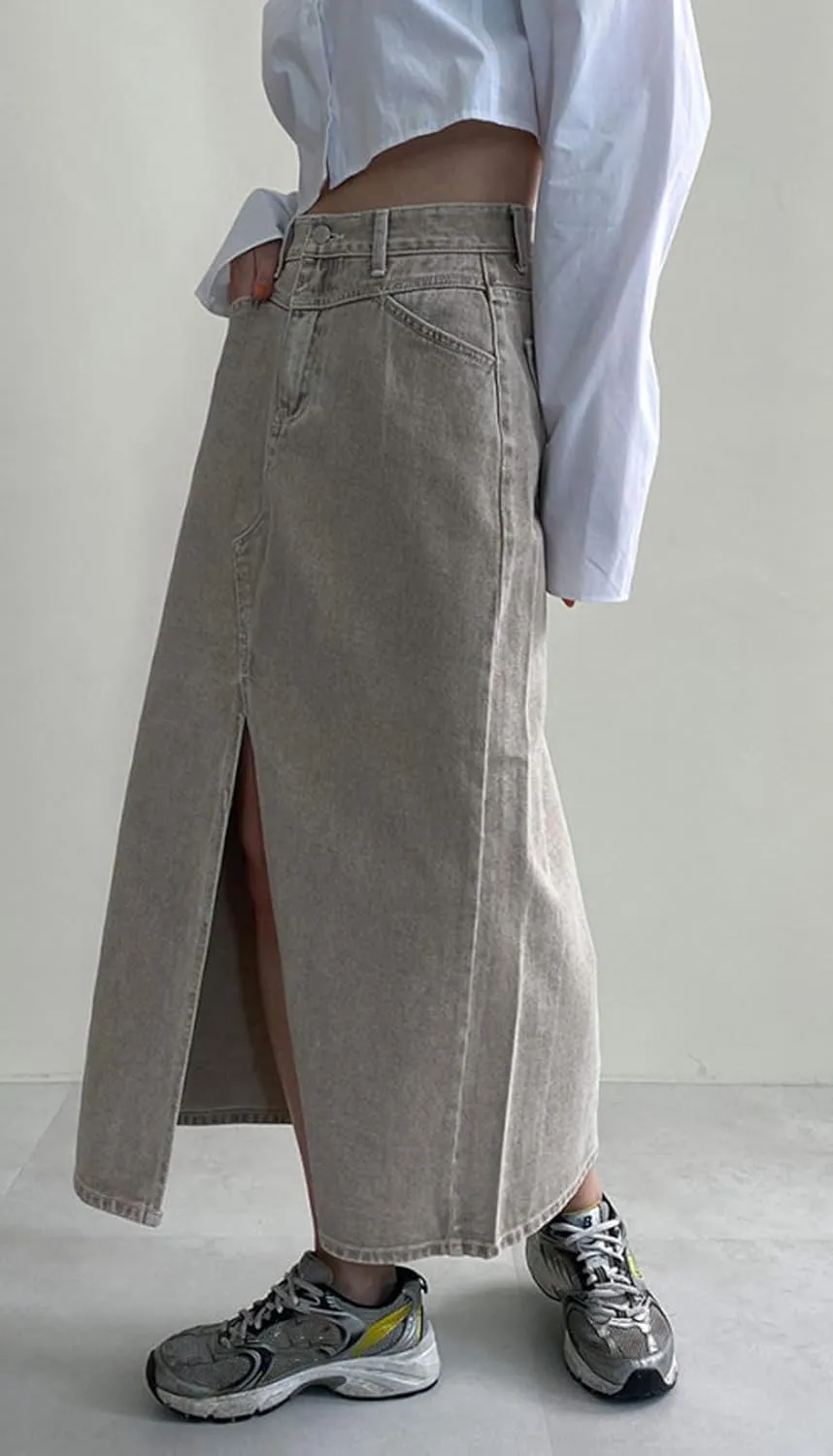 CHARTOU Women Summer Casual Long Denim Skirt Slit A Line Midi Long Jean Skirt