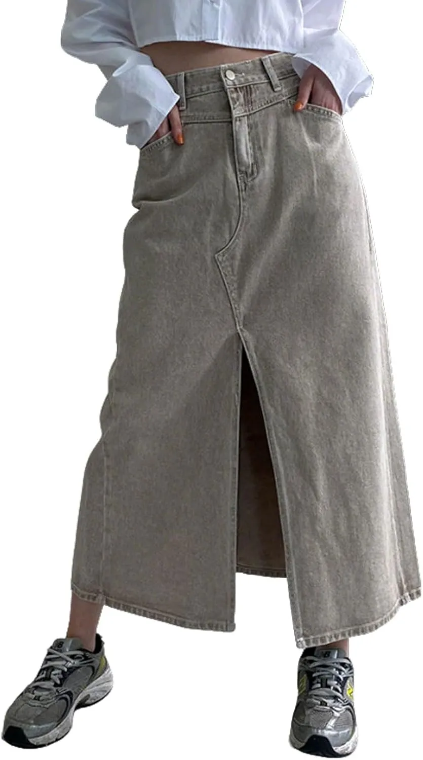 CHARTOU Women Summer Casual Long Denim Skirt Slit A Line Midi Long Jean Skirt