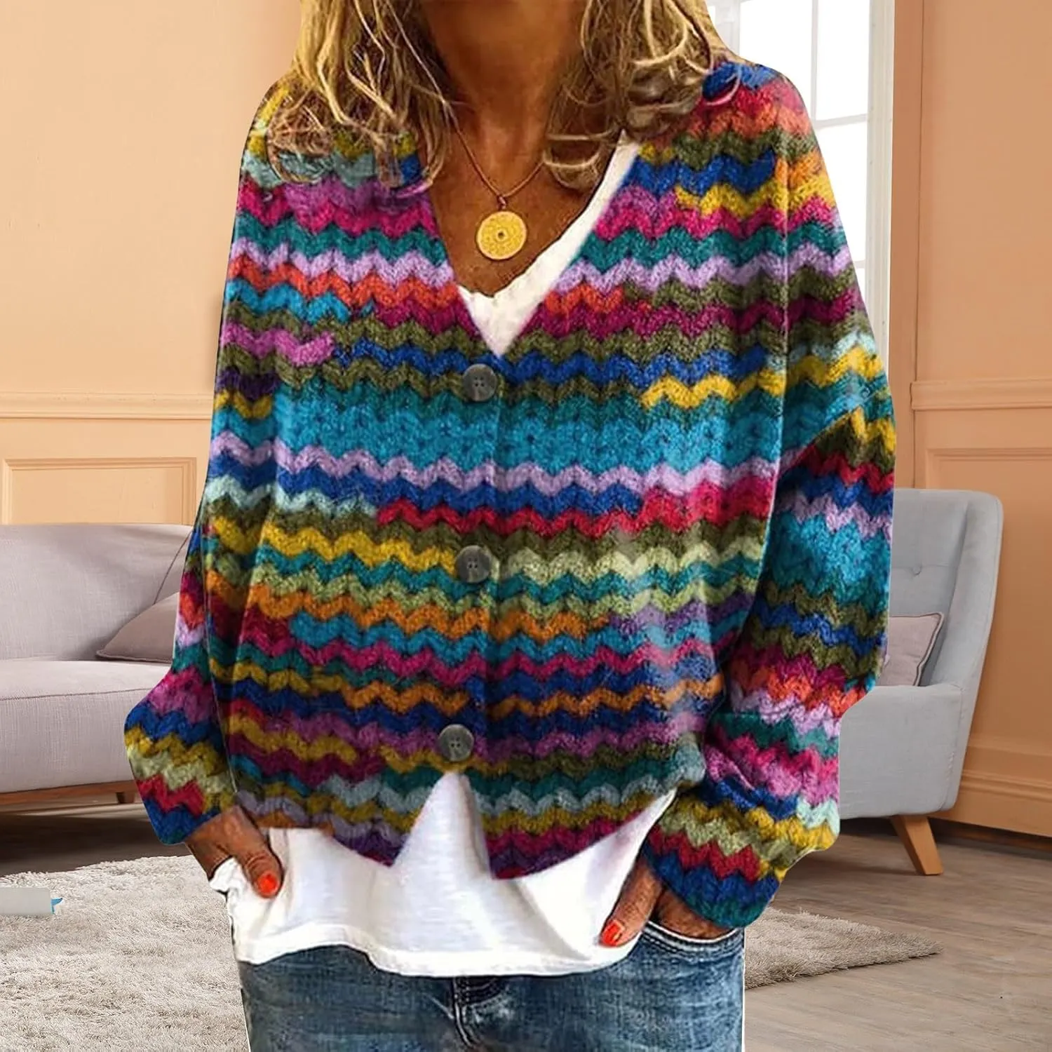 Christmas Printed Casual Cardigan for Women Trendy Long Sleeve Button Y2k Outerwears Plus Size Loose Casual Sweaters