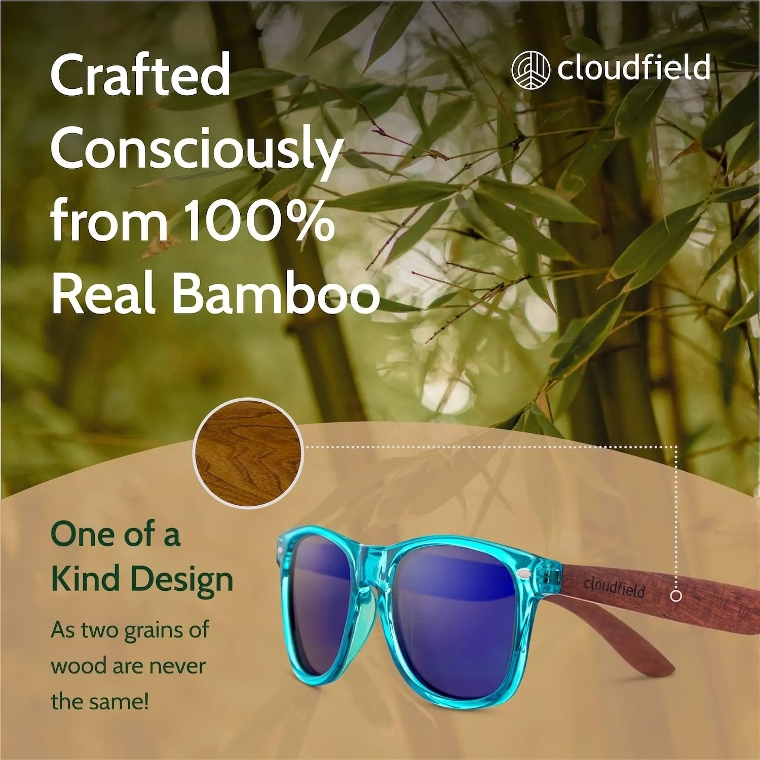 cloudfield Wood Frame Sunglasses for Men and Women with 9-Layer Polarized Lenses and Double Layer of UV Blocking Coating