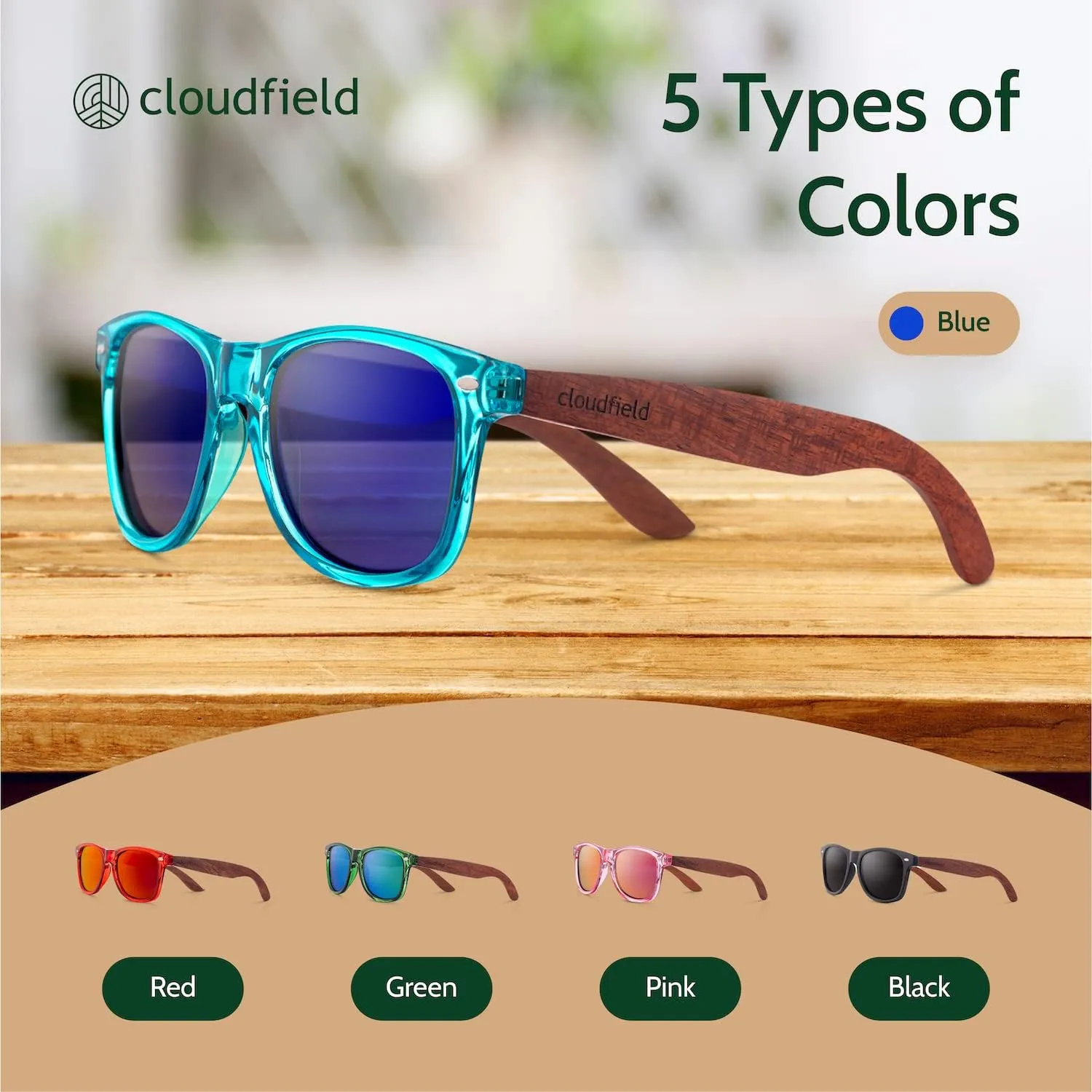 cloudfield Wood Frame Sunglasses for Men and Women with 9-Layer Polarized Lenses and Double Layer of UV Blocking Coating