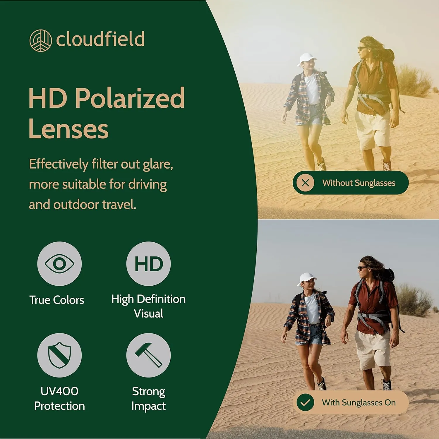 cloudfield Wood Frame Sunglasses for Men and Women with 9-Layer Polarized Lenses and Double Layer of UV Blocking Coating