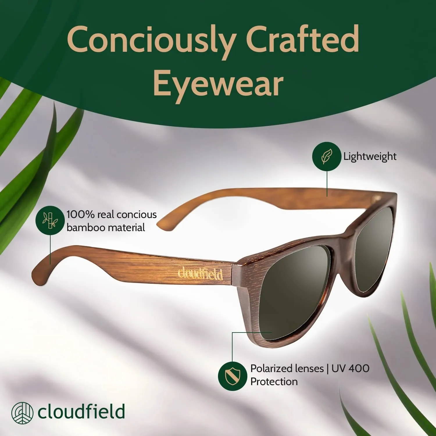 cloudfield Wood Frame Sunglasses for Men and Women with 9-Layer Polarized Lenses and Double Layer of UV Blocking Coating