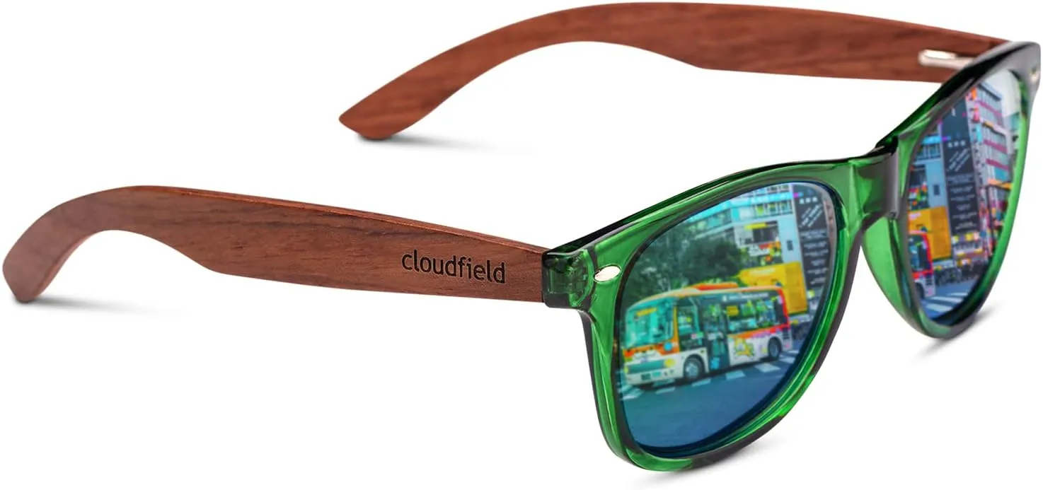 cloudfield Wood Frame Sunglasses for Men and Women with 9-Layer Polarized Lenses and Double Layer of UV Blocking Coating