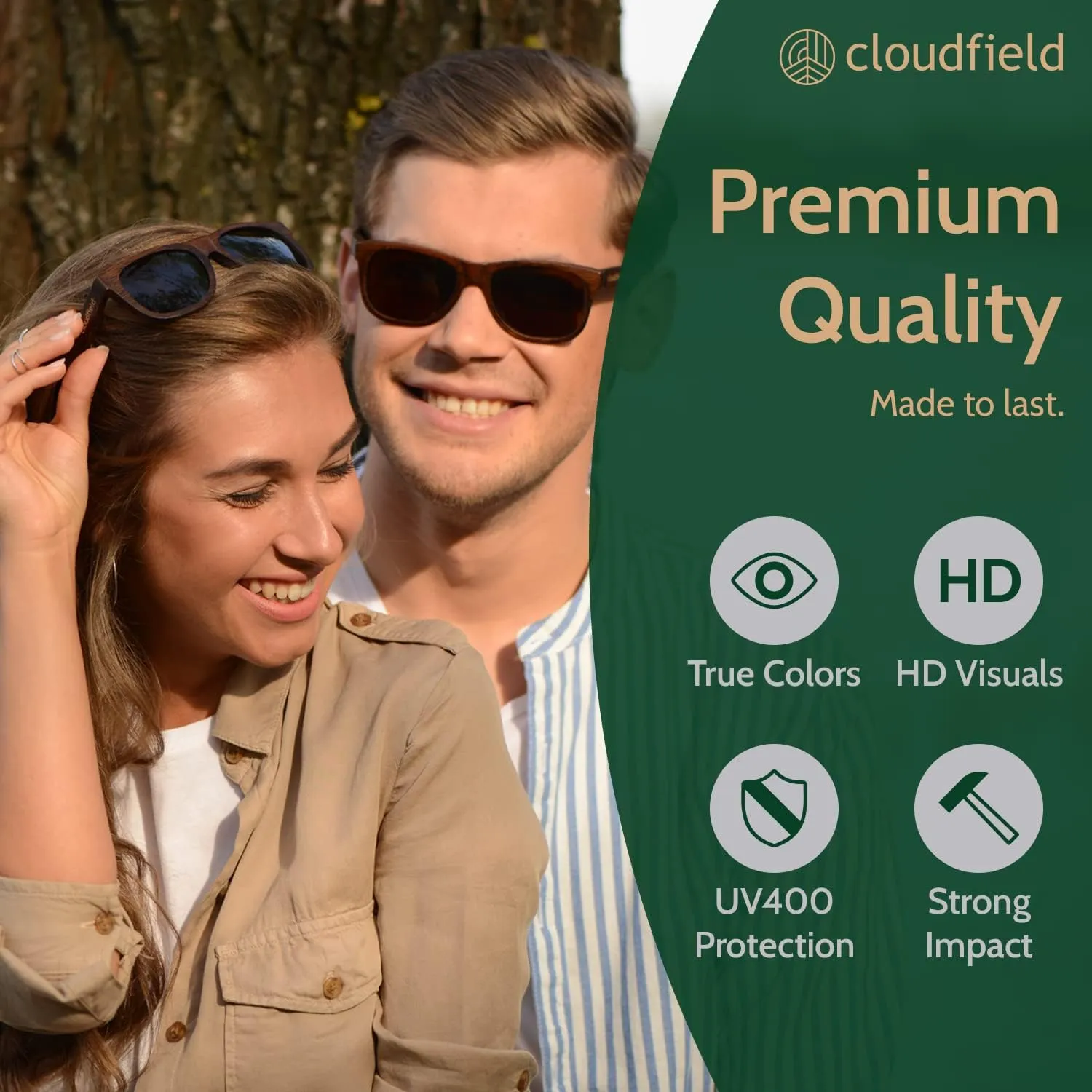 cloudfield Wood Frame Sunglasses for Men and Women with 9-Layer Polarized Lenses and Double Layer of UV Blocking Coating