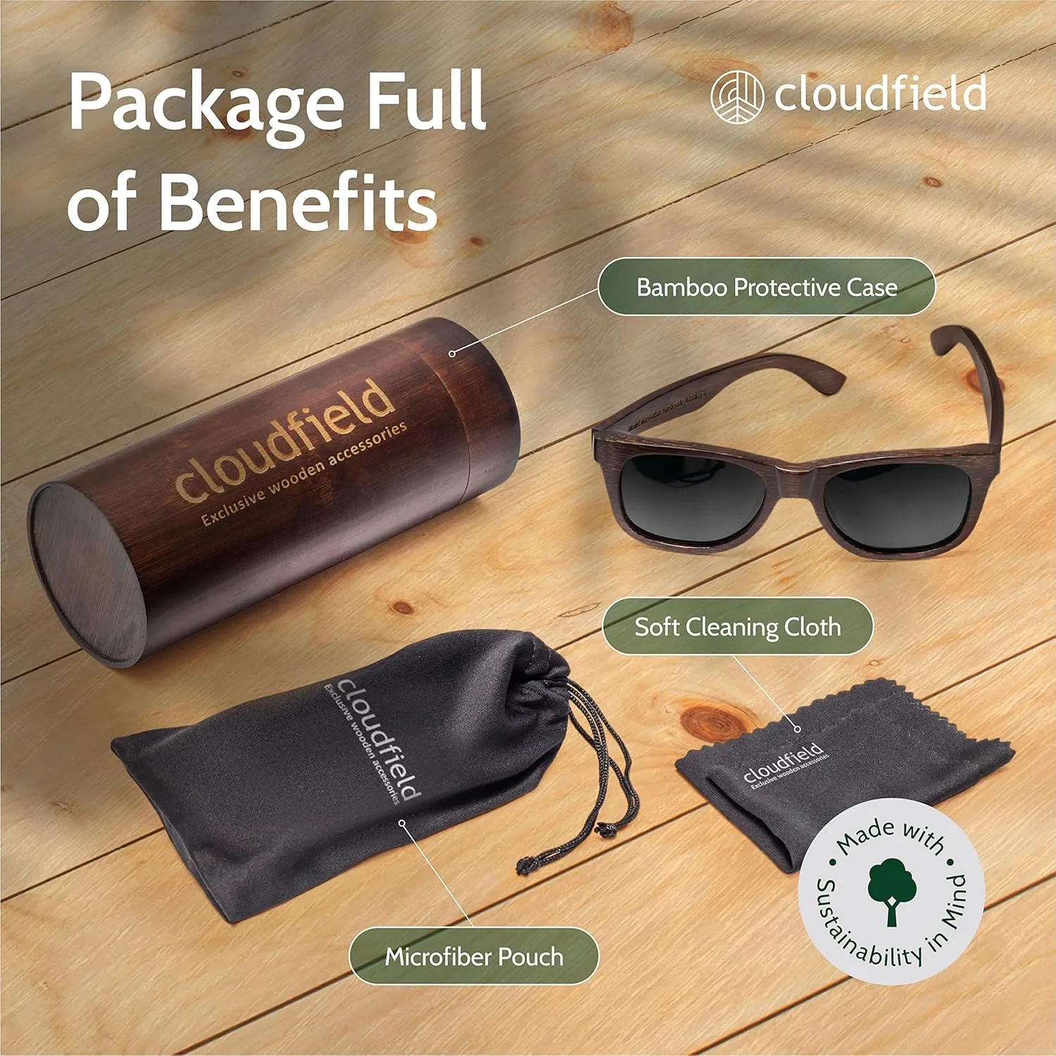 cloudfield Wood Frame Sunglasses for Men and Women with 9-Layer Polarized Lenses and Double Layer of UV Blocking Coating