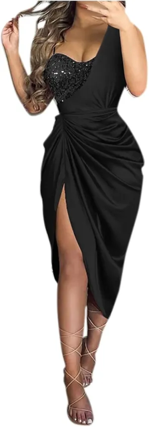 Cocktail Dresses,Sequin Bodycon One Shoulder Sexy Slit Midi Dress Formal Elegant Plus Size for Evening Dinner
