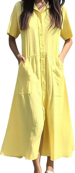 Cotton Linen Dress for Women Casual Lightweight Short Sleeve Button Down V Neck Summer Beach Maxi Dress with Pockets