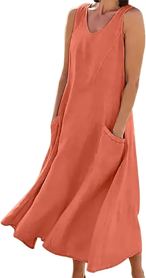 Crew Neck A Line Pleated Tshirt Dress Women's Fashionable Casual Solid Color Pocket V Neck Sleeveless Casual Dress