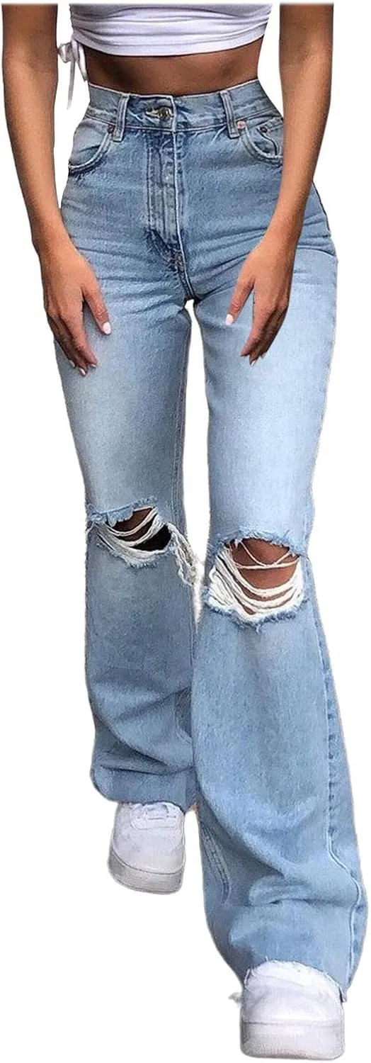 Curvy Jeans for Women, Women's Stretch Pull-On Jeans Skinny Ripped Distressed Denim Jeggings Regular-Plus Size