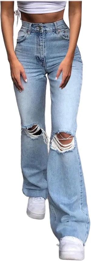 Curvy Jeans for Women, Women's Stretch Pull-On Jeans Skinny Ripped Distressed Denim Jeggings Regular-Plus Size