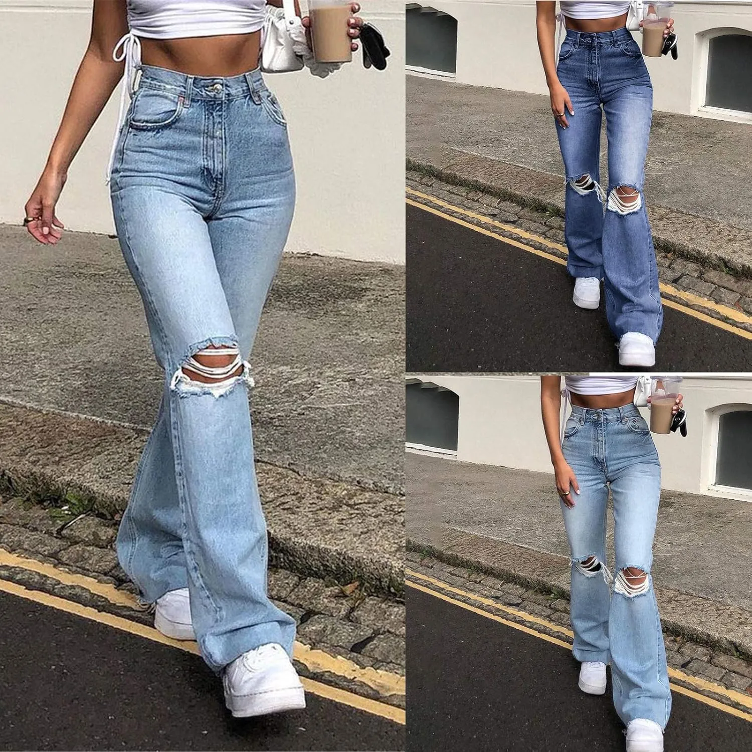 Curvy Jeans for Women, Women's Stretch Pull-On Jeans Skinny Ripped Distressed Denim Jeggings Regular-Plus Size