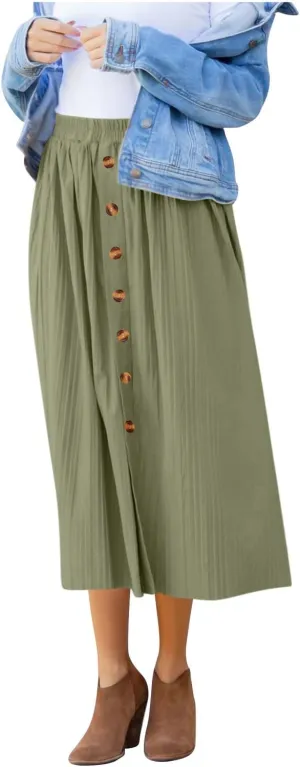 DDAPJ pyju Women's Elastic High Waist Pleated Skirt Button Down Decoration A Line Skirts Solid Color Loose Casual Maxi Skirt