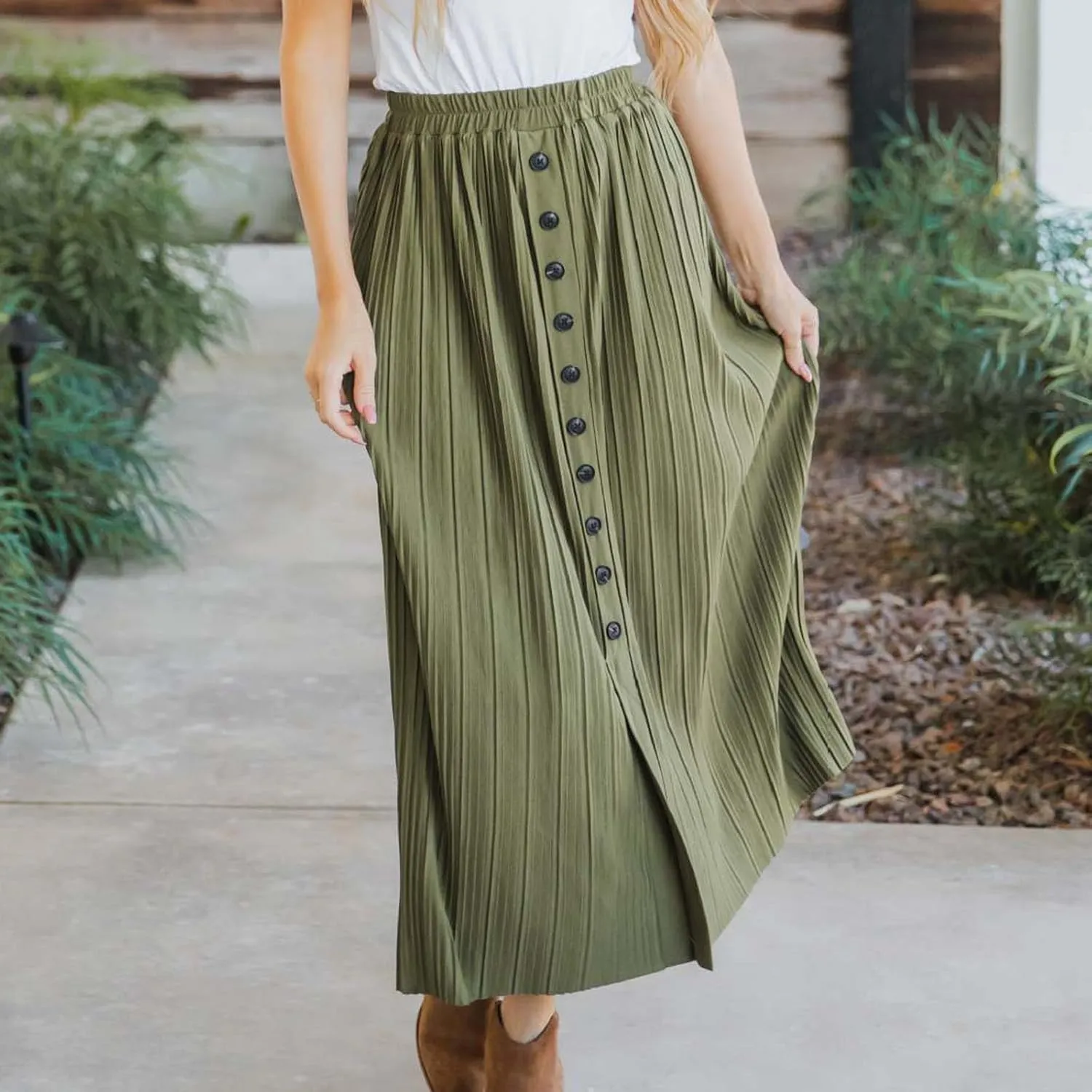 DDAPJ pyju Women's Elastic High Waist Pleated Skirt Button Down Decoration A Line Skirts Solid Color Loose Casual Maxi Skirt